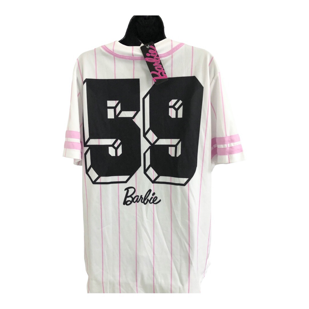 Barbie White Pink Pin Striped Baseball 59 Jersey Size Large Brand New